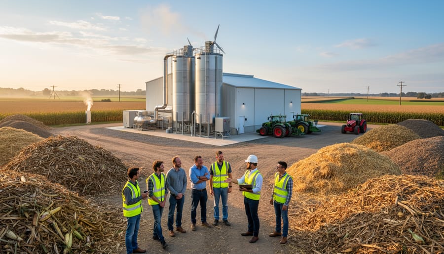 Modern bioenergy facility integrated into Australian agricultural landscape with crop fields