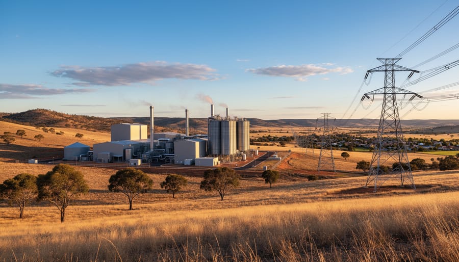 Aerial view of biomass energy processing facility in agricultural setting