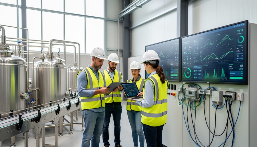 Team of bioenergy technicians collaborating on automated system maintenance in modern training facility