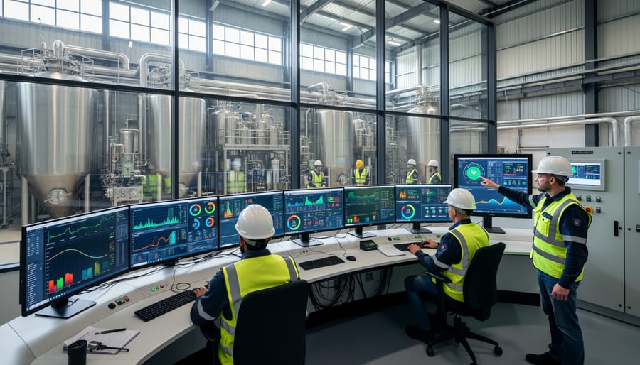 Bioenergy plant worker using digital tablet to monitor automated systems in modern facility