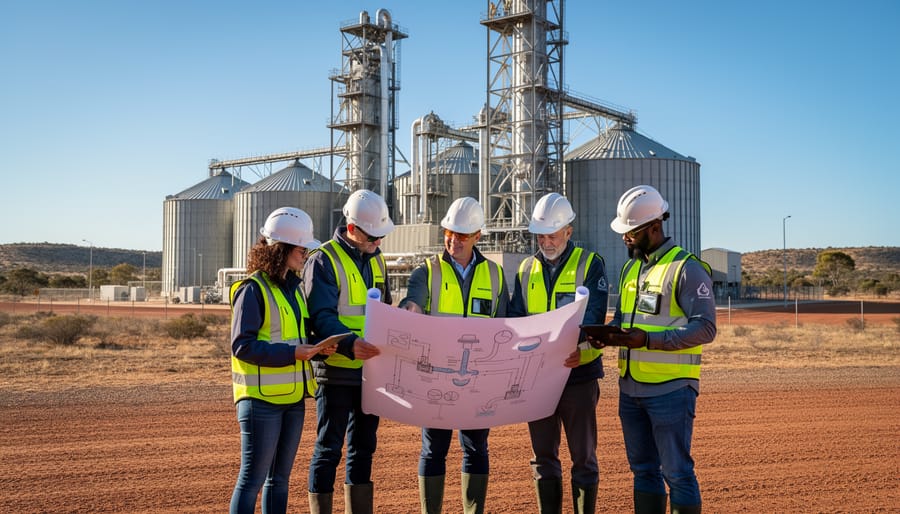 Two renewable energy workers collaborating at bioenergy plant with timber storage
