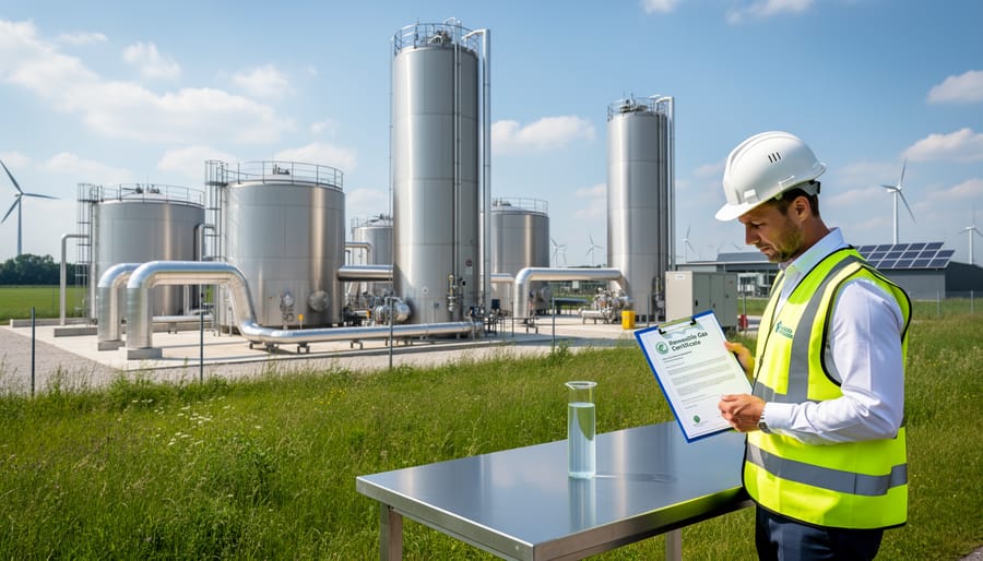 Industrial biogas production facility with large digester tanks and pipeline infrastructure