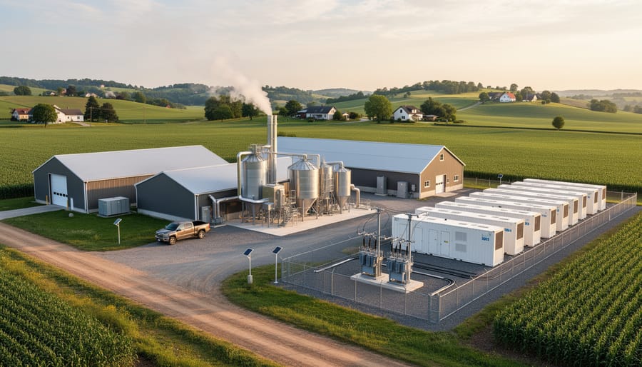 Farm facility with biomass storage silos and battery storage containers in agricultural setting