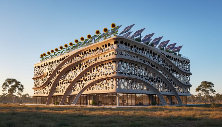 Low-angle view of a modern Australian office building with organically perforated ventilating façade, curved fin-like sunshades, and rooftop solar panels arranged like sunflowers, lit by warm golden-hour light, with eucalyptus trees and dry grassland in the background.