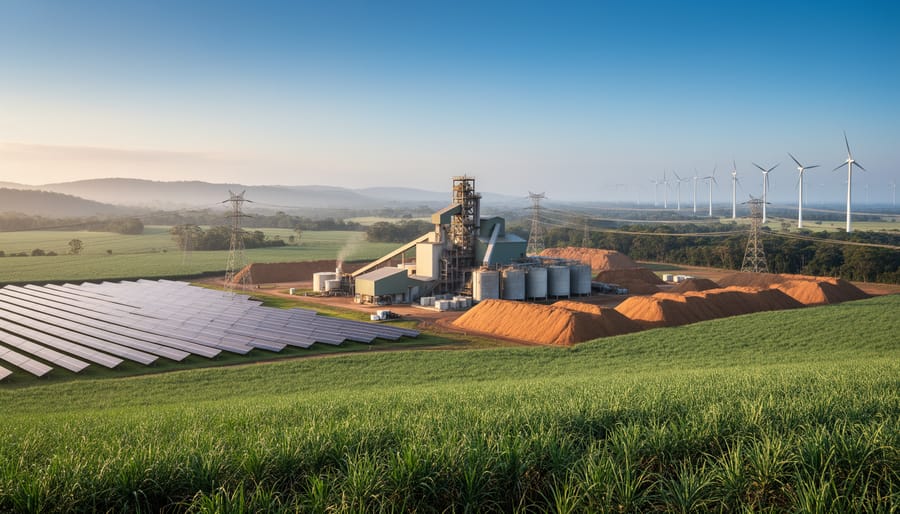 Wide golden-hour view of a Queensland sugarcane mill bioenergy plant with bagasse piles, adjacent solar panels, distant wind turbines, and transmission lines over rolling farmland under a clear blue sky.