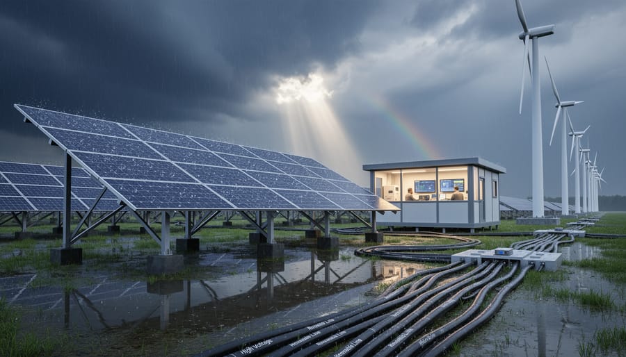 Solar panels and wind turbines in Australian rural landscape under dramatic storm clouds