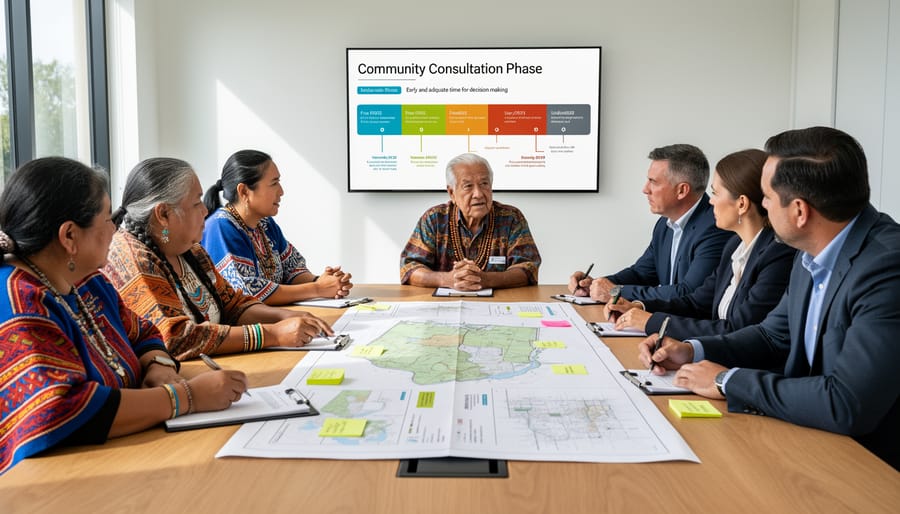 Community members gathered in circle for consultation meeting on Indigenous land