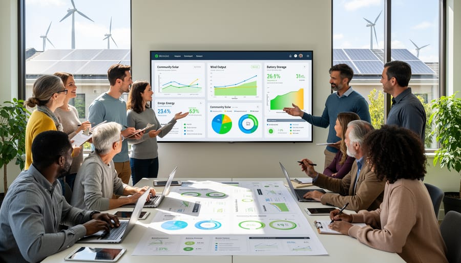 Diverse group of community members examining energy data on community display screen