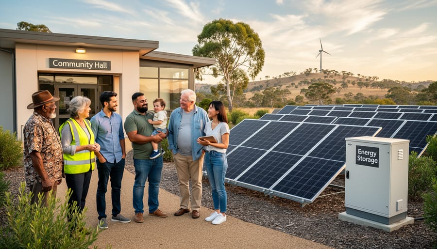 Group of diverse residents standing together near ground-mounted solar panels and a small battery enclosure outside a rural Australian community hall at golden hour, with rolling hills, gum trees, and a distant wind turbine in the background.