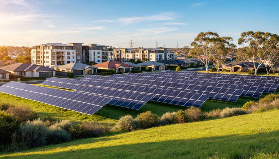 Community solar panels near an Australian suburban neighborhood with apartments and houses under golden hour light, eucalyptus trees and powerlines visible in the background.