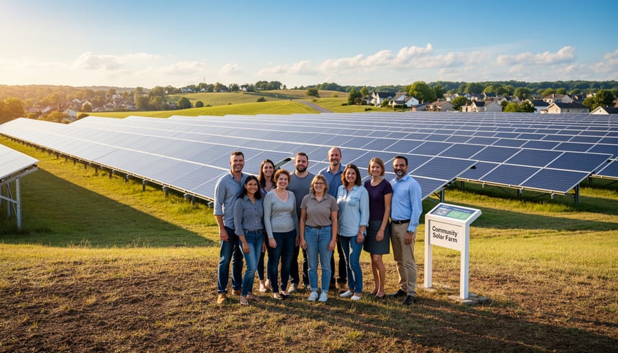 Aerial view of large community solar farm with rows of solar panels in Australian countryside