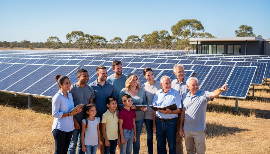 Diverse group of Australian community members standing together at community solar facility