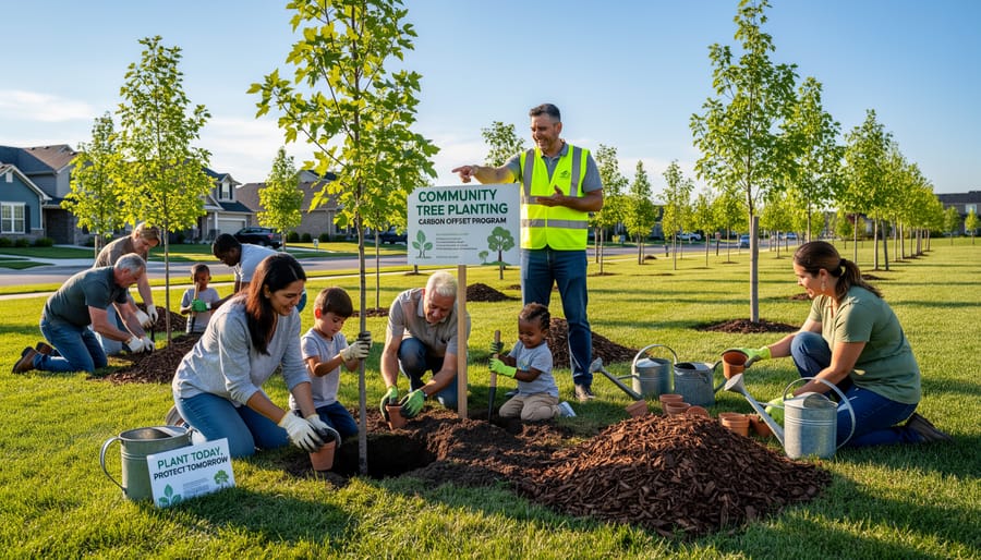 Aerial view of community volunteers planting native trees in organized revegetation project