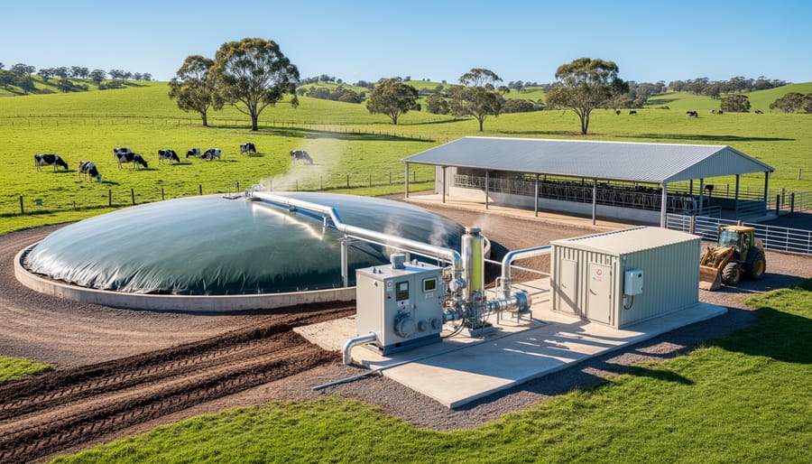 Biogas digester facility at dairy farm with grazing cattle in pasture