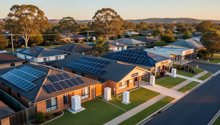 A 45-degree aerial view of an Australian suburb at golden hour with many solar-covered rooftops and small white battery cabinets near homes and a community hub, with eucalyptus trees, utility poles, and distant hills behind.