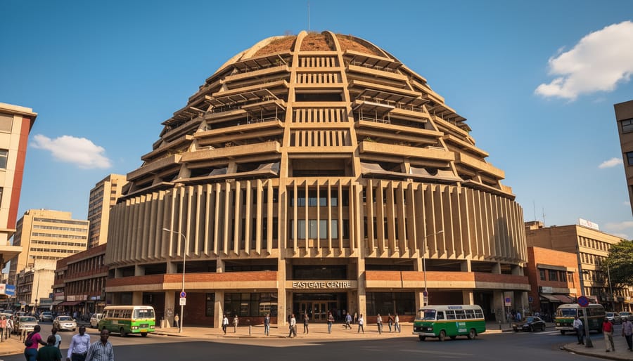 Exterior view of Eastgate Centre building showing biomimetic ventilation design inspired by termite mounds