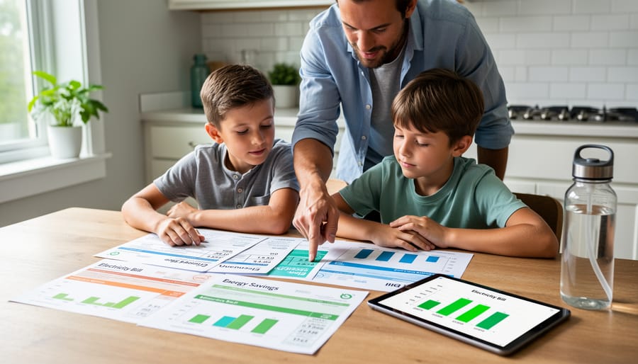 Australian family reviewing energy bill together at kitchen table with children actively participating