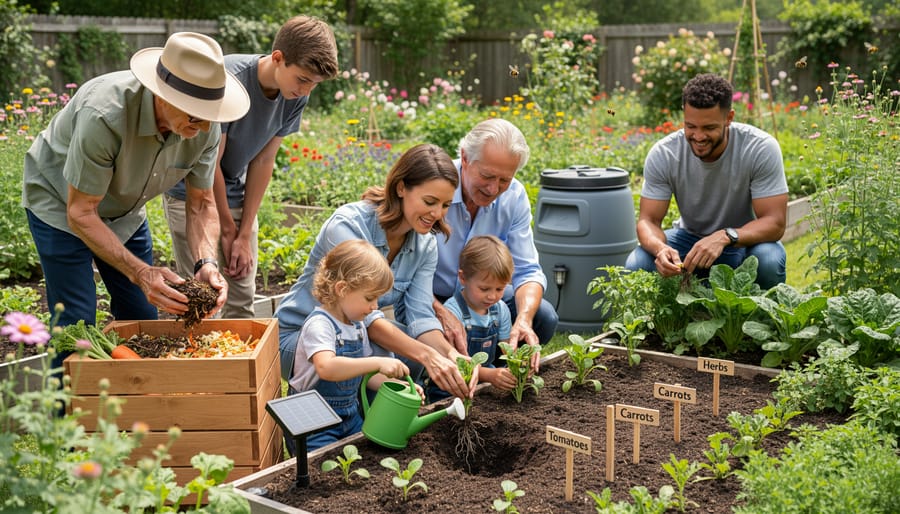 Australian family working together planting vegetables in backyard raised garden beds