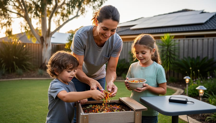 Australian parent with two children adding vegetable scraps to a small worm farm/compost bin in a sunny backyard at golden hour, with blurred gum tree, native plants, rooftop solar panels, a patio table holding a solar phone charger, and a solar garden light in the background.