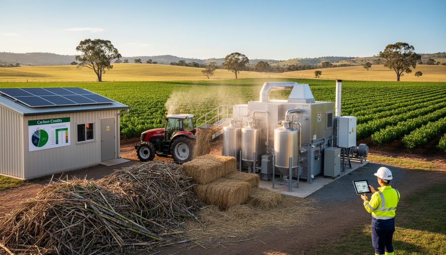Australian farmer with biodigester equipment and agricultural waste on farm