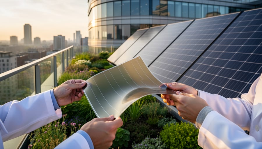 Close-up of flexible perovskite solar cell material being bent in researcher's hands