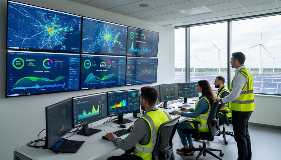Energy technician working in modern grid control facility with monitoring equipment