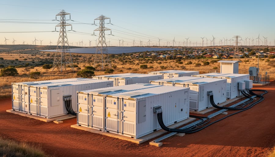 Aerial view of large-scale grid battery storage facility in Australian landscape