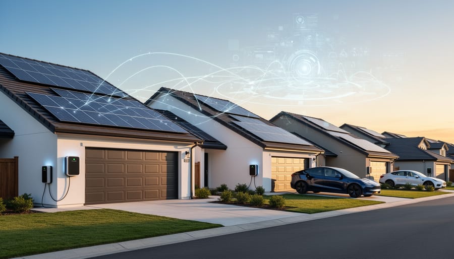 Residential solar panels and battery storage system on Australian suburban home