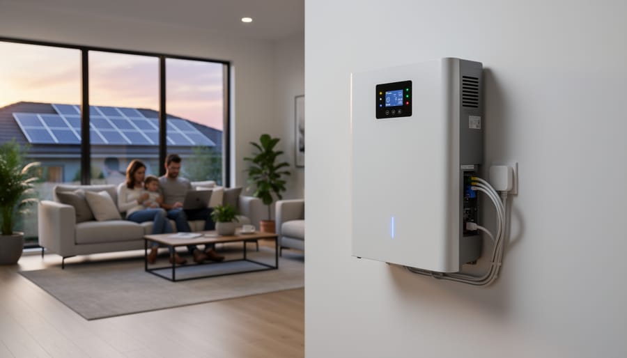 Modern lithium-ion home battery storage unit mounted on residential garage wall