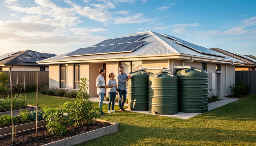 Australian suburban home with solar panels and rainwater tanks surrounded by native garden