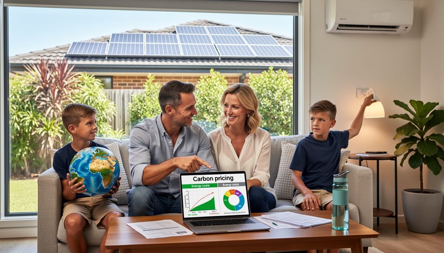 Australian family reviewing energy information with solar panels visible through window