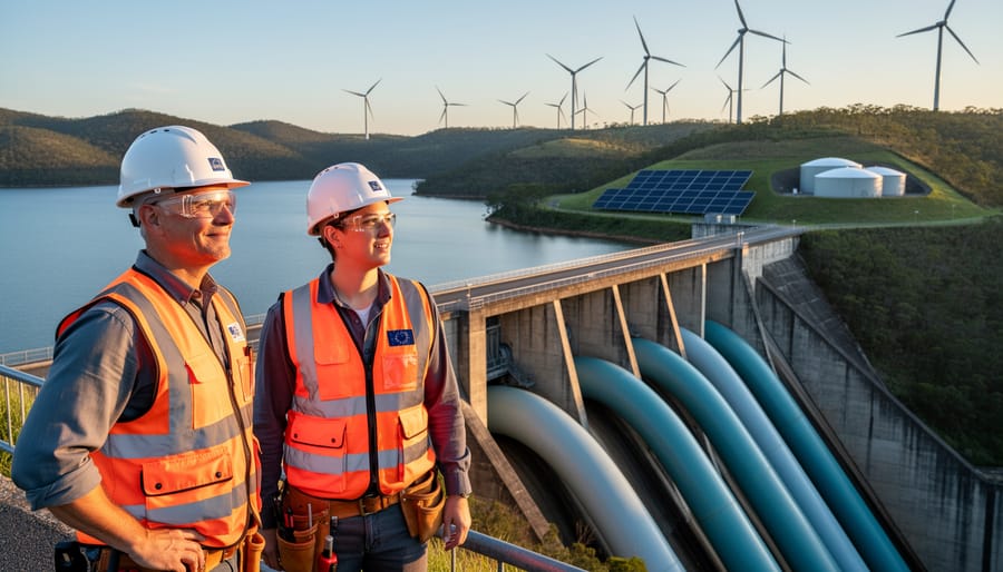 Two engineers in high-visibility gear stand on a hydropower dam overlook beside large penstocks and a reservoir, with distant wind turbines, a small solar array, and rounded biomass digesters softly blurred in the background at sunset.