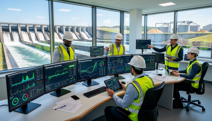 Worker in safety gear operating controls in modern hydropower turbine facility