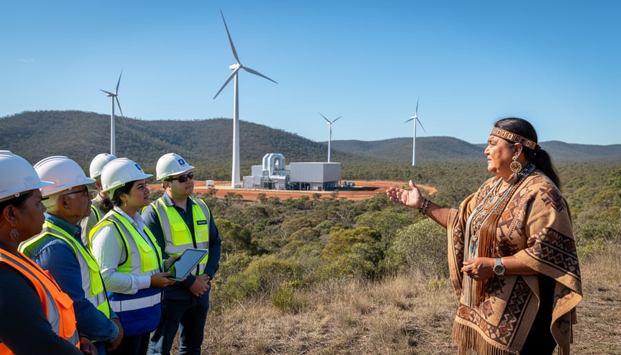 Indigenous elder and community member examining native plants in bushland setting
