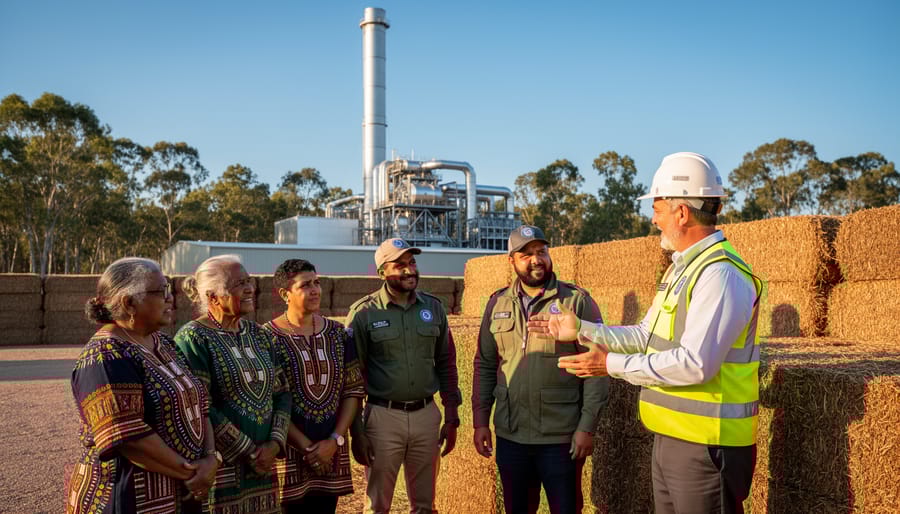 Indigenous Australian elders and younger community members in safety vests speak with an engineer next to stacked biomass bales, with a modern bioenergy facility and eucalyptus trees softly blurred in warm golden-hour light.