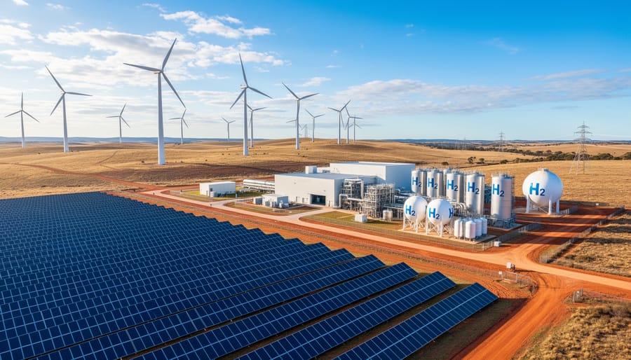 Aerial view of integrated solar, wind, and hydrogen production facility in South Australia