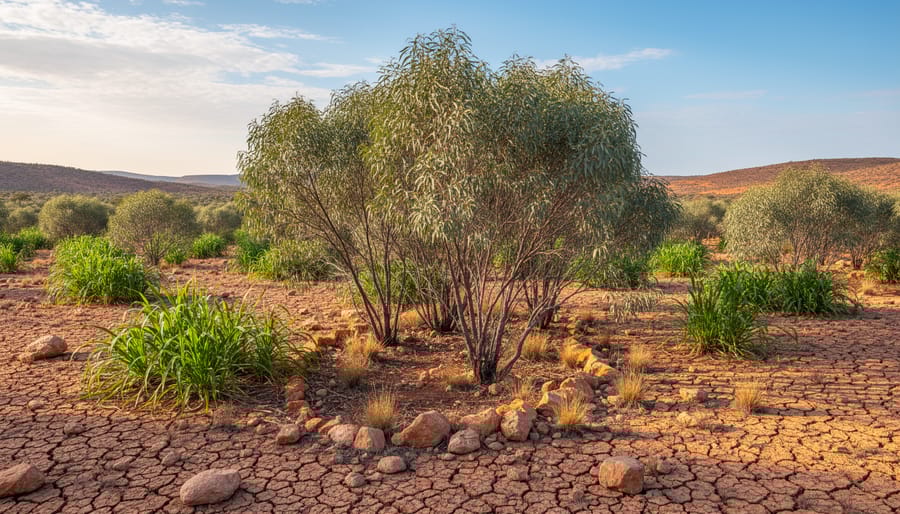 Close-up of mallee eucalyptus saplings growing in red Australian soil