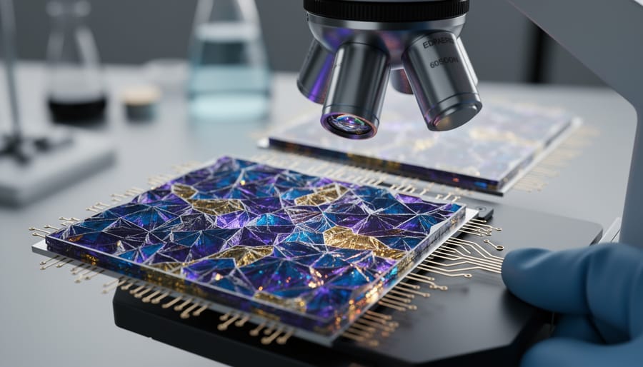 Close-up of perovskite solar cell showing crystalline structure and light refraction