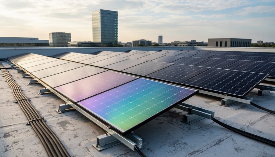 Modern perovskite solar panel installed on residential rooftop in bright sunlight