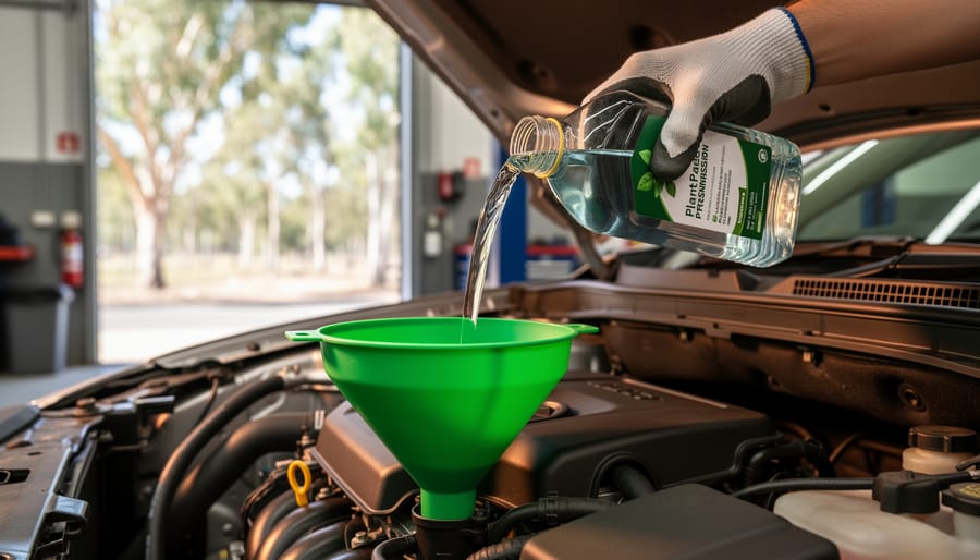 Close-up of a mechanic’s gloved hand pouring plant-based transmission fluid from a clear, unlabeled bottle into a green funnel at the transmission fill port, with the engine bay in focus and a softly blurred workshop and sunlit eucalyptus trees in the background.