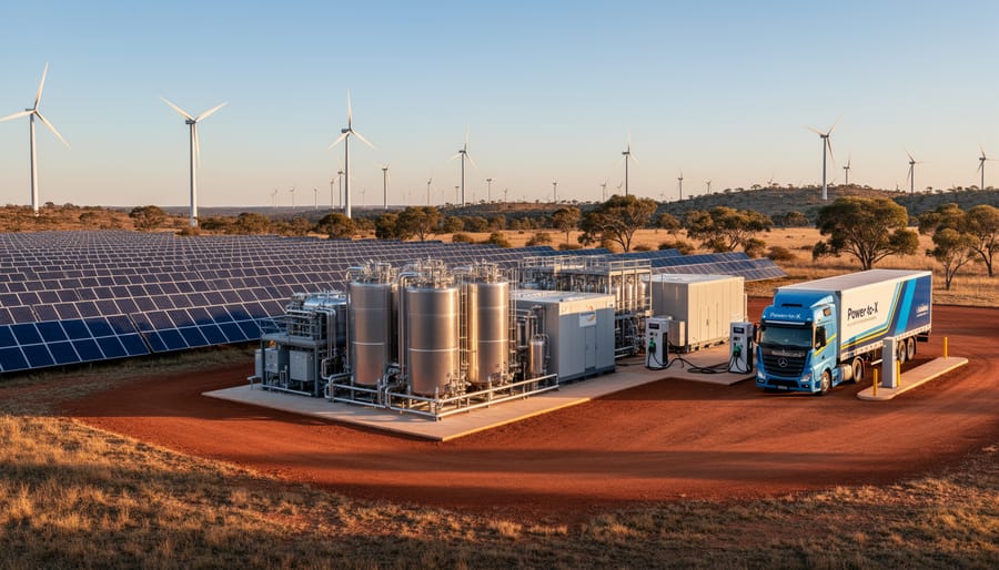 Australian Power-to-X facility with cylindrical hydrogen storage tanks and electrolyzer units, a hydrogen truck refueling, and rows of solar panels and wind turbines over red-earth terrain under golden-hour light, with eucalyptus trees and low hills in the distance.
