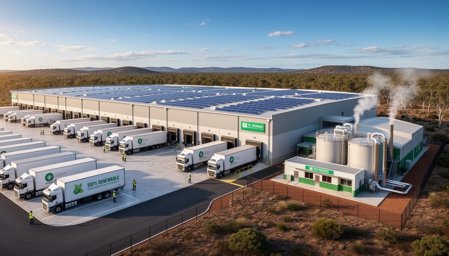 Large distribution center with solar panels and biomass energy infrastructure on rooftop