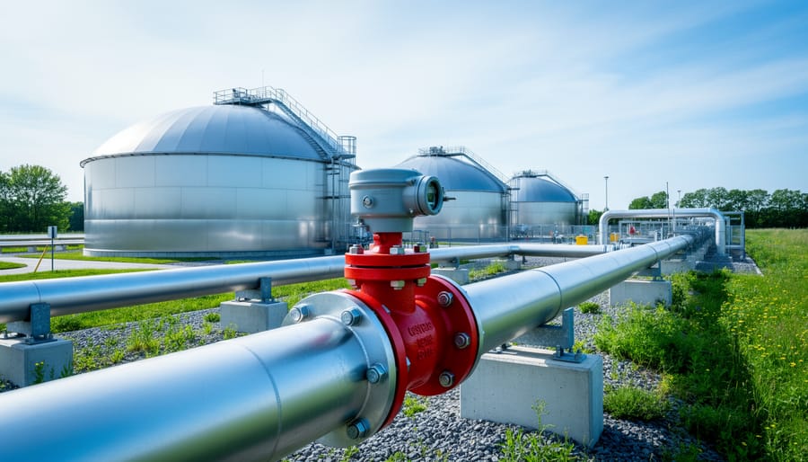 Modern biomethane facility with large stainless digester tanks and a foreground pipeline with red valve, photographed in soft overcast daylight; additional tanks and pipework recede toward a rural treeline.