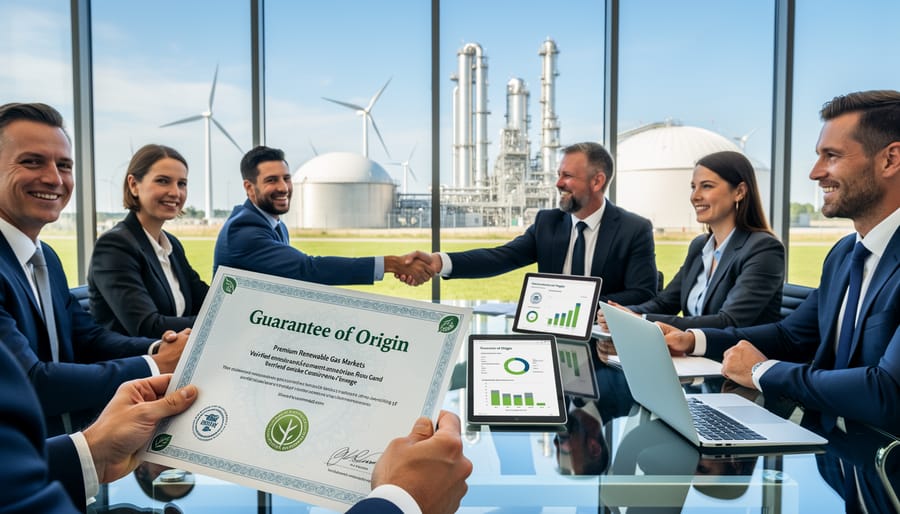 Business professionals shaking hands in office with industrial facility visible through window