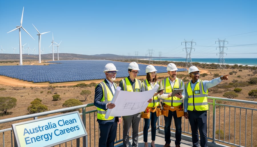 Diverse team of renewable energy workers collaborating at outdoor facility