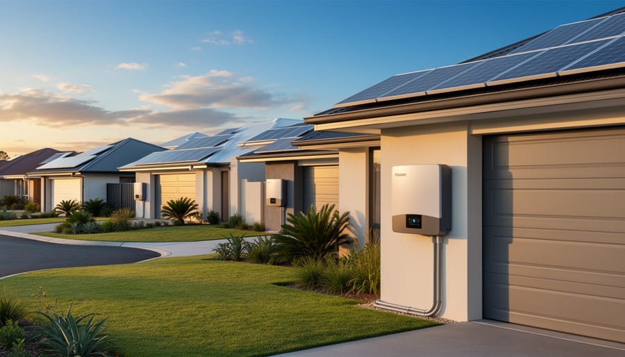 Residential home with solar panels on roof and battery storage unit on exterior wall