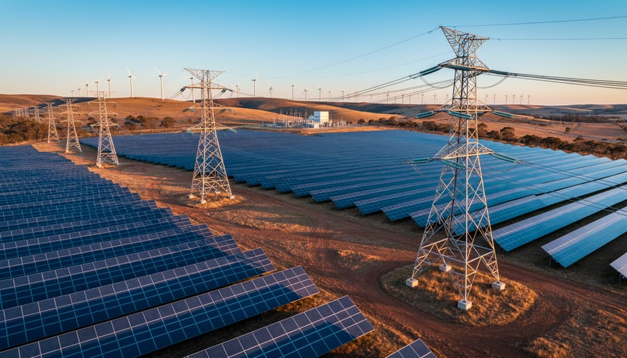 Aerial golden-hour view of a vast Australian solar farm with high-voltage transmission towers and lines crossing the panels, with distant wind turbines and a substation set in rolling countryside.