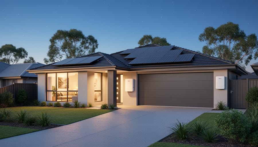 Australian suburban house at blue hour with rooftop solar panels and an exterior home battery, warm interior lights visible through windows, eucalyptus trees and a twilight sky in the background.