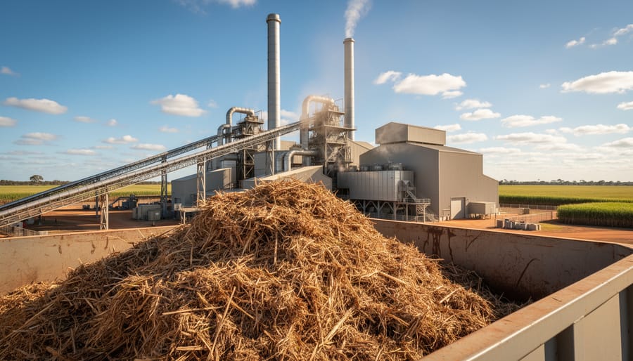 Large piles of sugarcane bagasse at industrial processing facility in Queensland