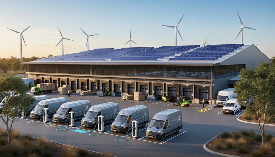 Electric delivery truck at solar-powered warehouse facility with workers loading cargo